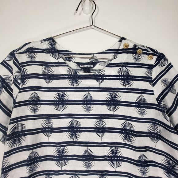 Lands' End Linen Shirt Women Large Tropical Short Sleeve Blouse Blue White Palms - Picture 3 of 8